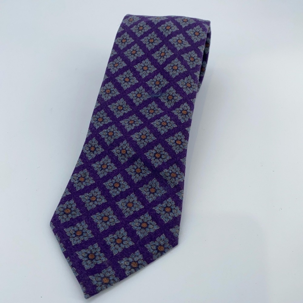 Eton Tie Mens One Size Purple Wool Geometric Floral Print Hand Made Italy